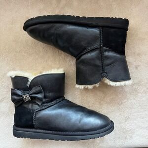 UGG Australia Mini Bailey Black Leather Boots Women 6 Rhinestone Bow‎ Sheepskin